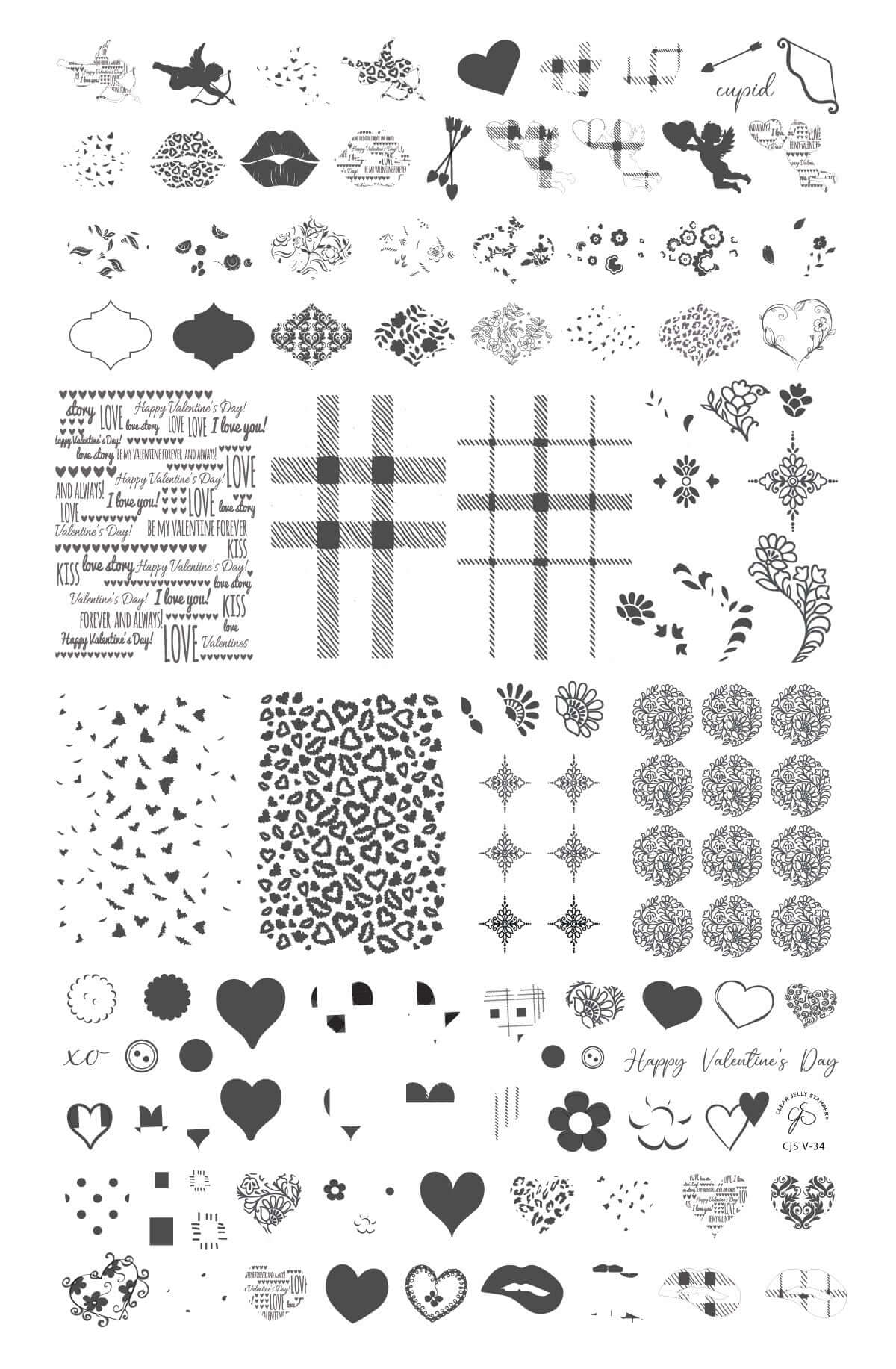 layered-nail-art-stamping-plate-showing-designs-of-patchwork-hearts-lips-cherubs-and-words-for-nail-art