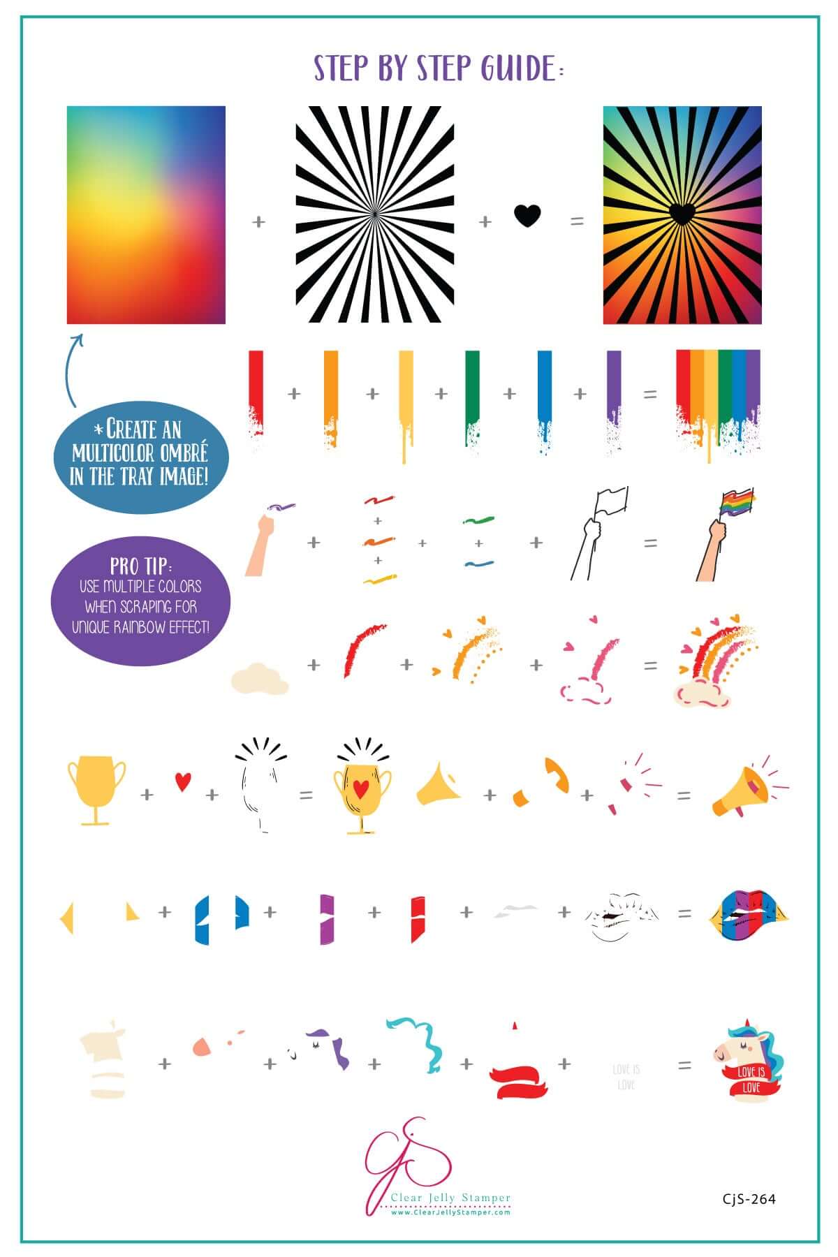 layered-nail-art-stamping-plate-how-to-card-wth-colorful-designs-of-pride-rainbows-a-unicorn-and-hands