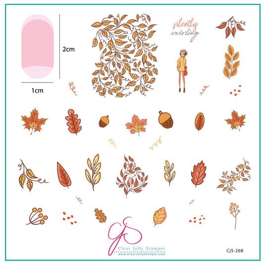 layered-nail-art-stamping-plate-inspo-card-with-colorful-designs-of-leaves-acorns-swirls-a-girl-and-words-for-nail-art