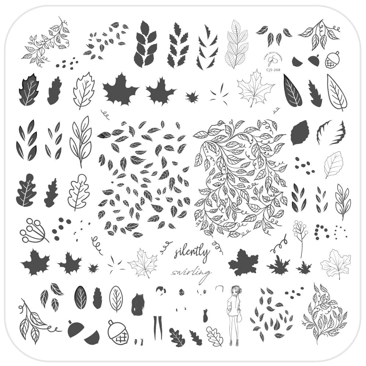 layered-nail-art-stamping-plate-with-designs-of-leaves-acorns-swirls-a-girl-and-words-for-nail-art