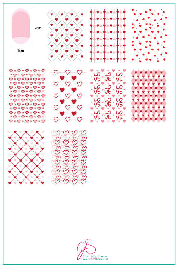 layered-nail-art-stamping-plate-inspo-card-showing-colorful-full-coverage-designs-of-heart-patterns-and-words-love