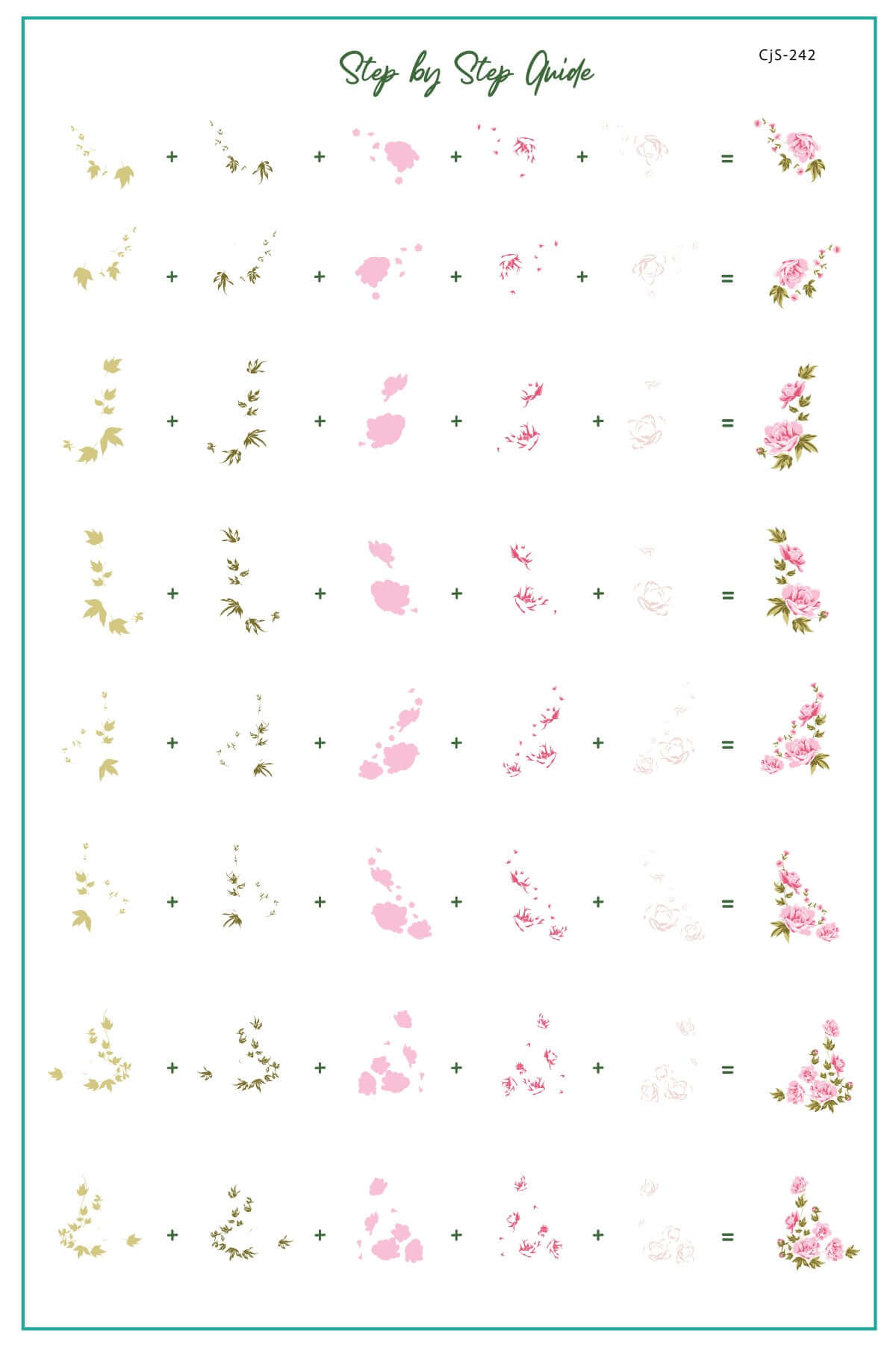 layered-nail-art-stamping-plate-how-to-card-showing-colorful-designs-of-roses-and-leaves