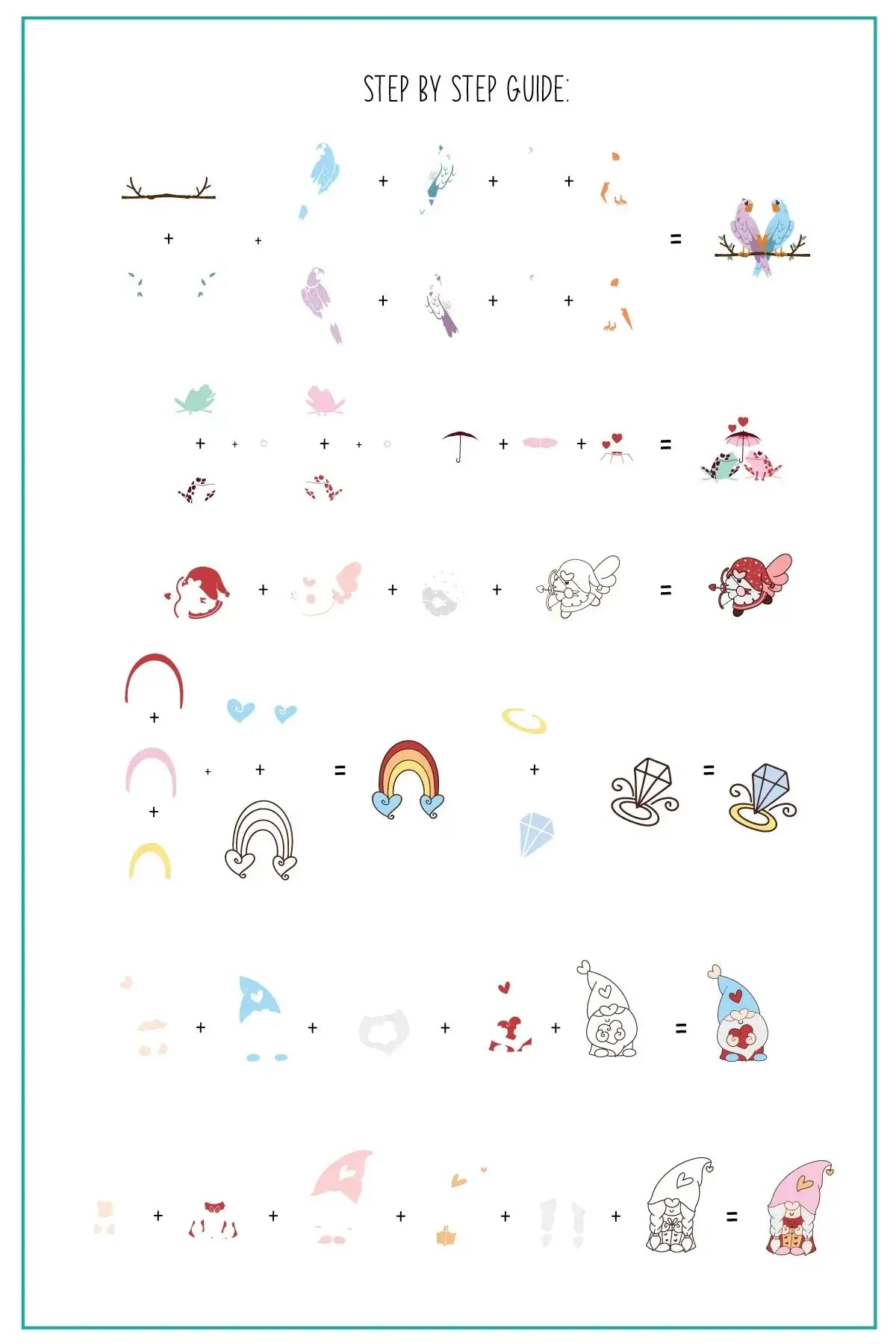 layered-nail-art-stamping-plate-how-to-card-showing-colourful-designs-of-love-birds-gnomes-and-a-rainbow