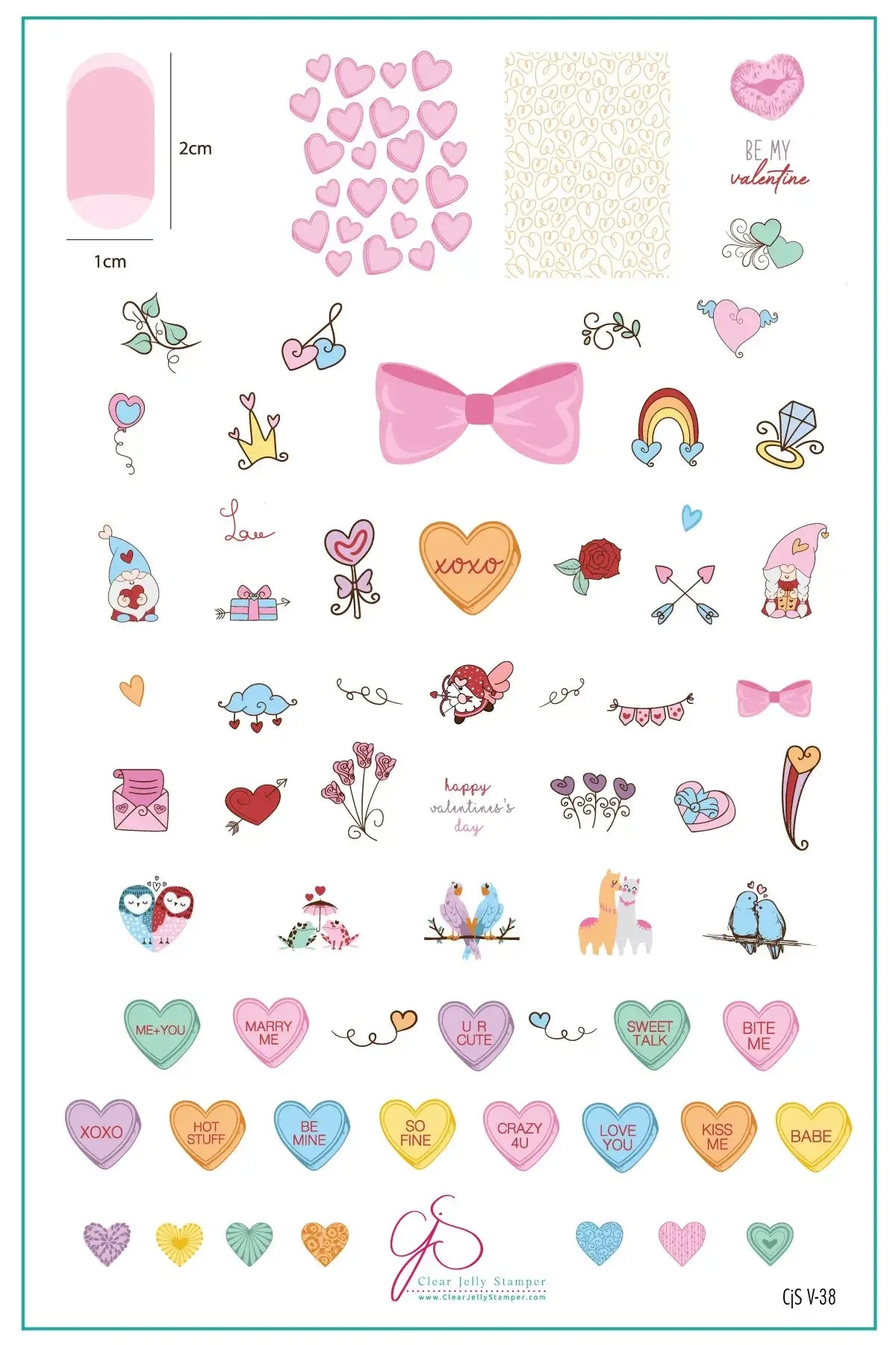 layered-nail-art-stamping-plate-inspo-card-showing-colourful-designs-of-candy-hearts-love-birds-arrows-words-for-nail-art