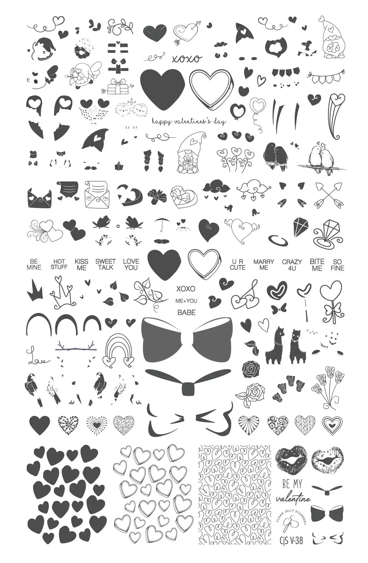 layered-nail-art-stamping-plate-showing-designs-of-candy-hearts-love-birds-arrows-words-for-nail-art
