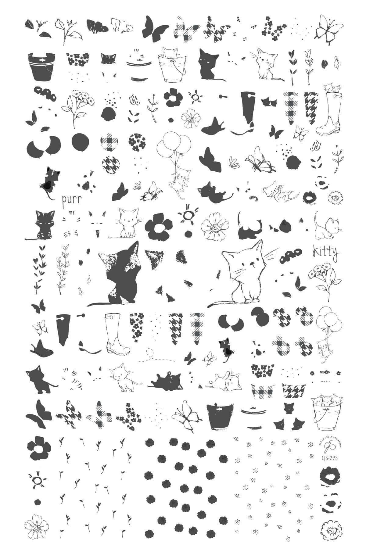 layered-nail-art-stamping-plate-showing-designs-of-kittens-butterflies-flowers-and-rain-boots