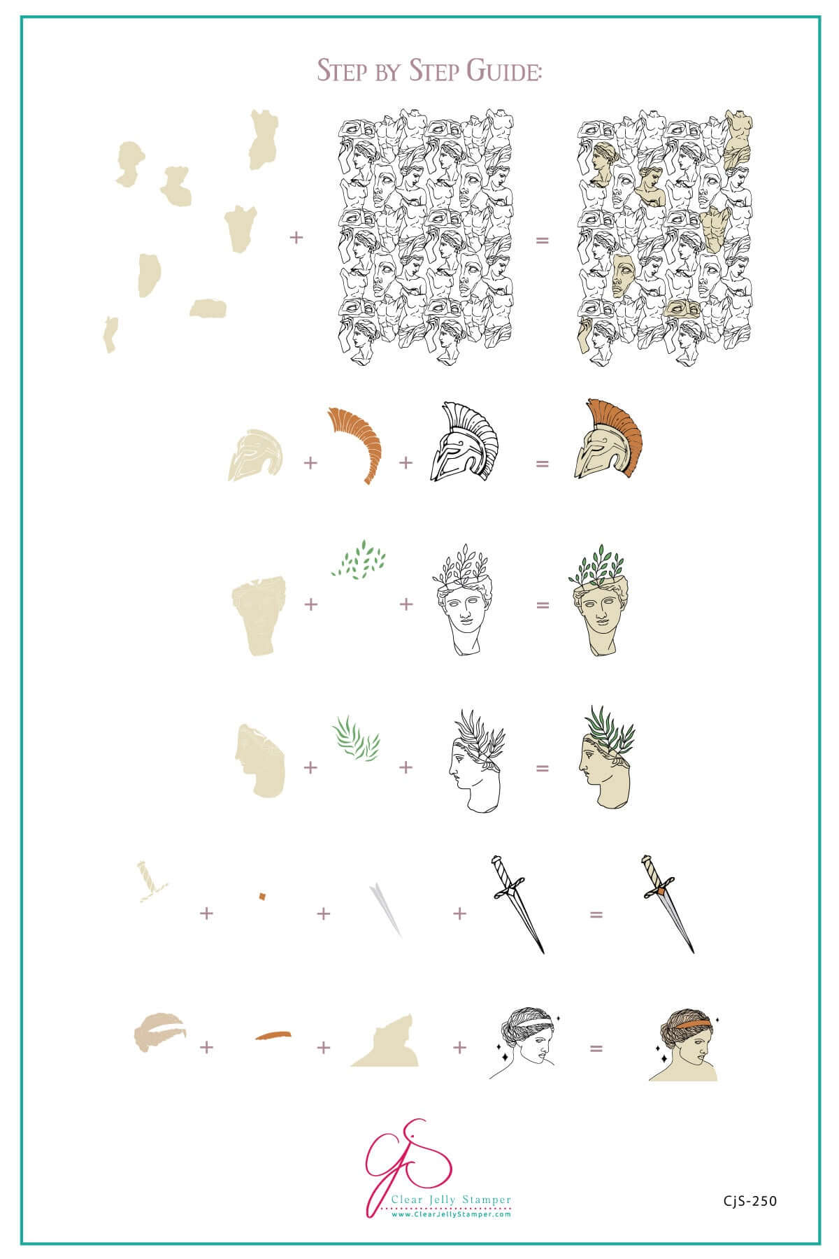 layered-nail-art-stamping-plate-how-to-card-showing-colorful-designs-of-marble-statues-busts-and-a-sword