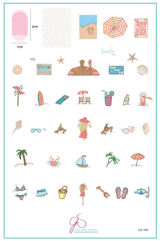 layered-nail-art-stamping-plate-inspo-card-showing-colorful-designs-of-seashells-palm-trees-girls-flip-flops-and-swimmers