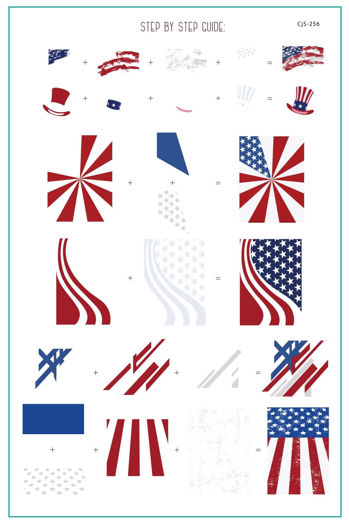 layered-nail-art-stamping-plate-how-to-card-showing-designs-of-the-american-flag-stars-and-stripes