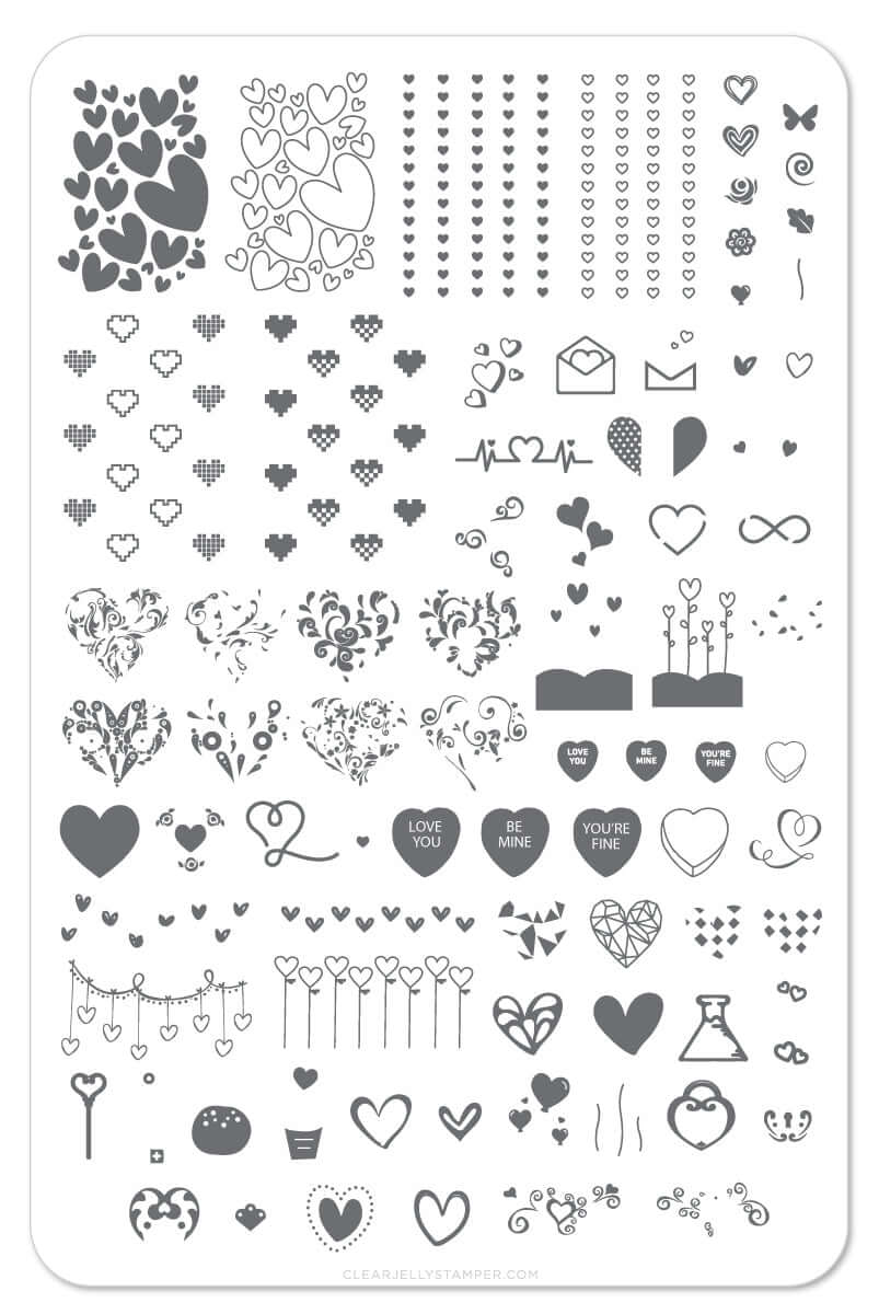  layered-nail-art-stamping-plate-inspo-card-showing-colourful-designs-of-hearts-cupcakes-lock-and-keys-and-swirls