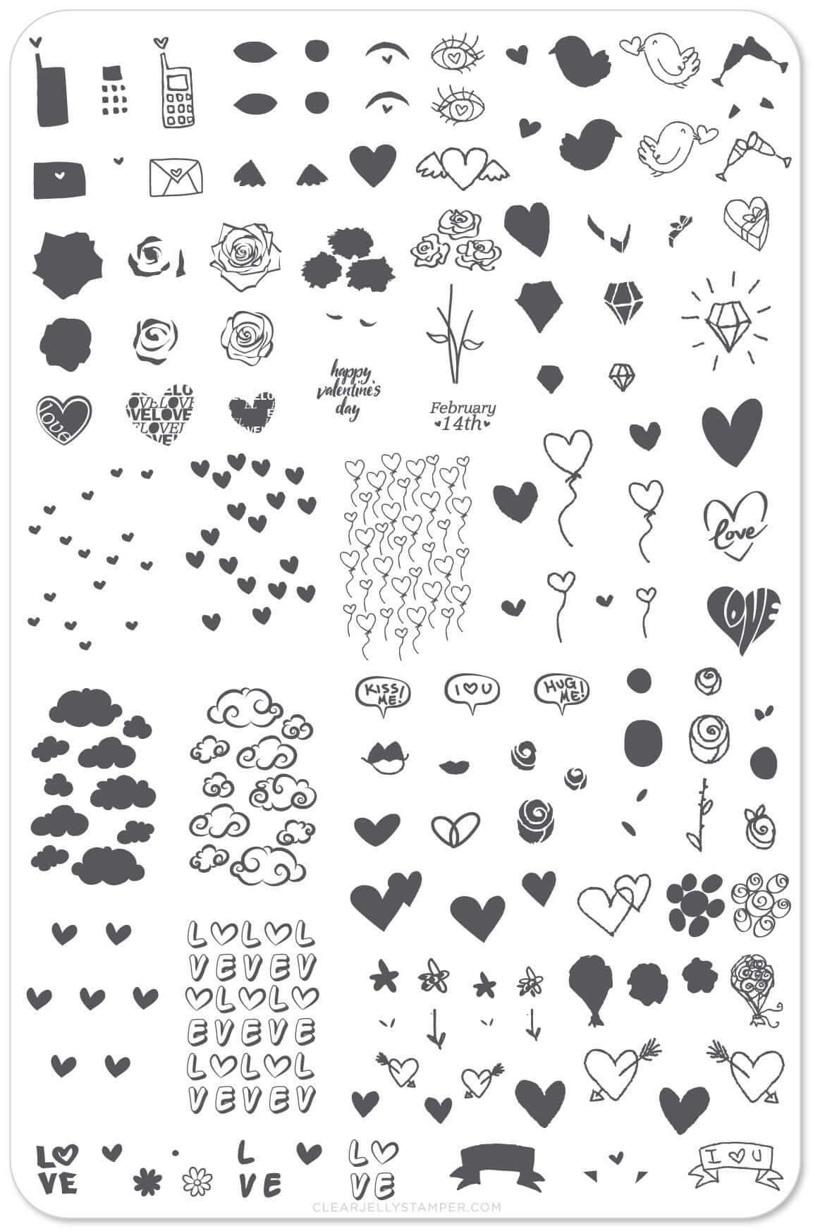 layered-nail-art-stamping-plate-with-designs-of-hearts-clouds-roses-and-words-for-nail-art