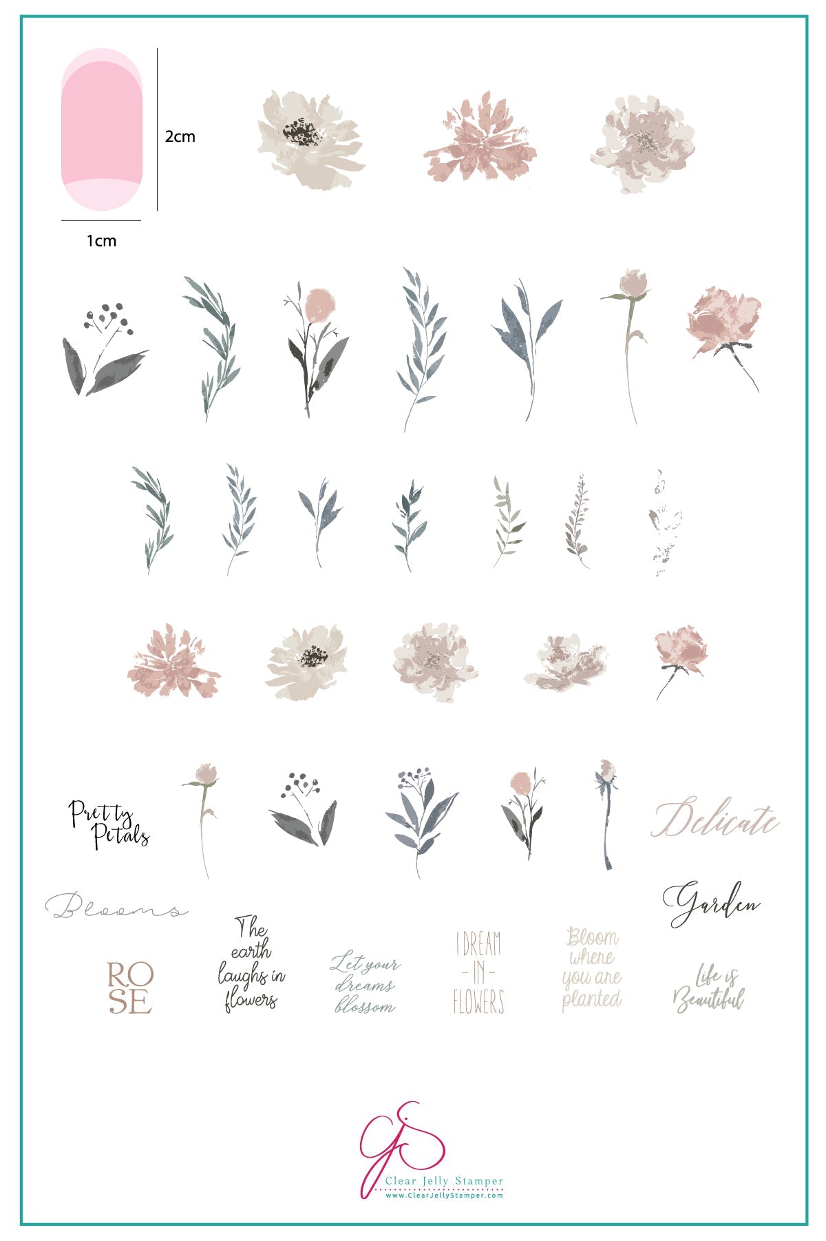 Watercolor Garden (CjS-81) Steel Nail Art Stamping Plate 14 x 9 Clear Jelly Stamper Plate 