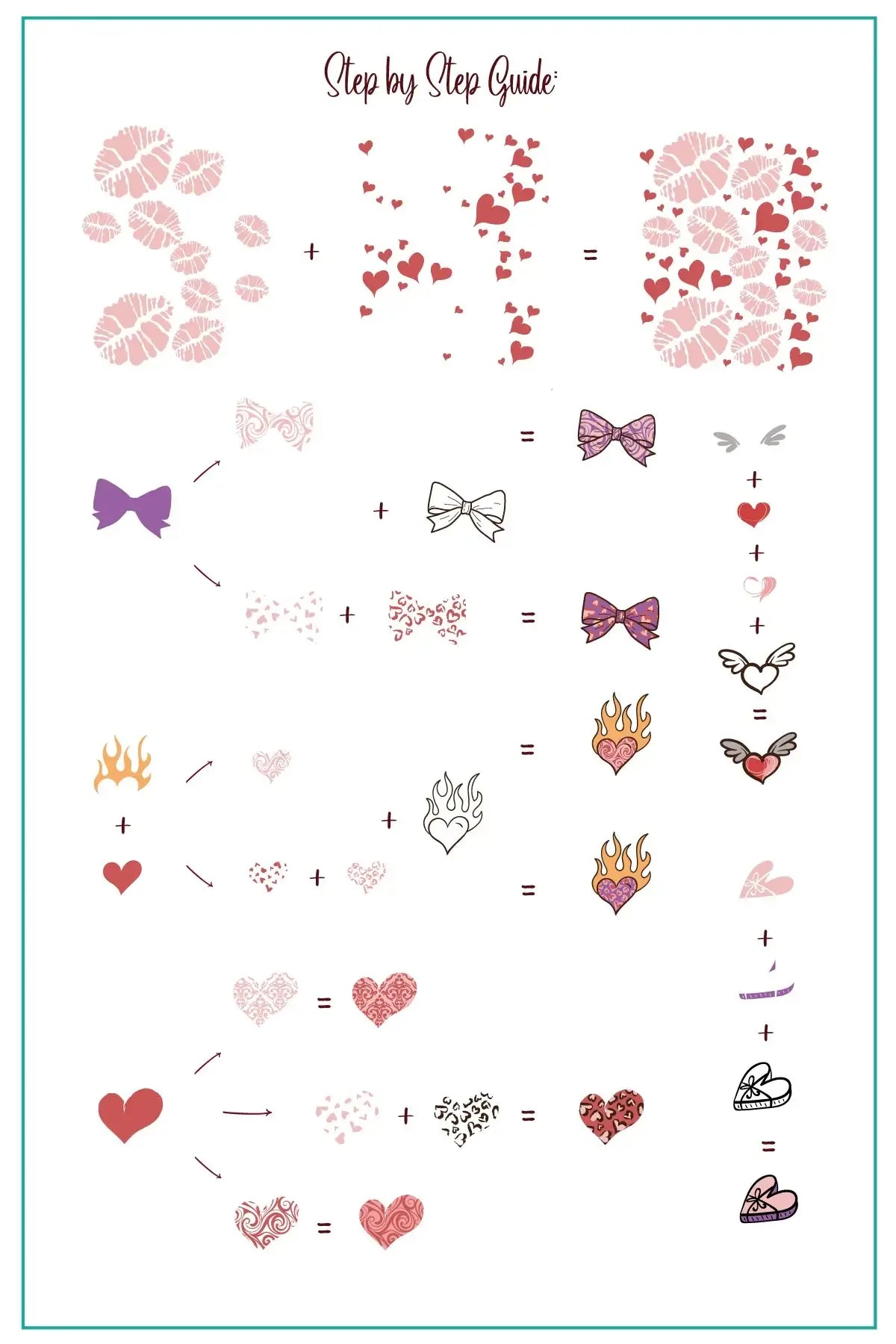 layered-nail-art-stamping-plate-how-to-card-with-colourful-designs-of-bows-winged-hearts-and-lipstick-print-pattern