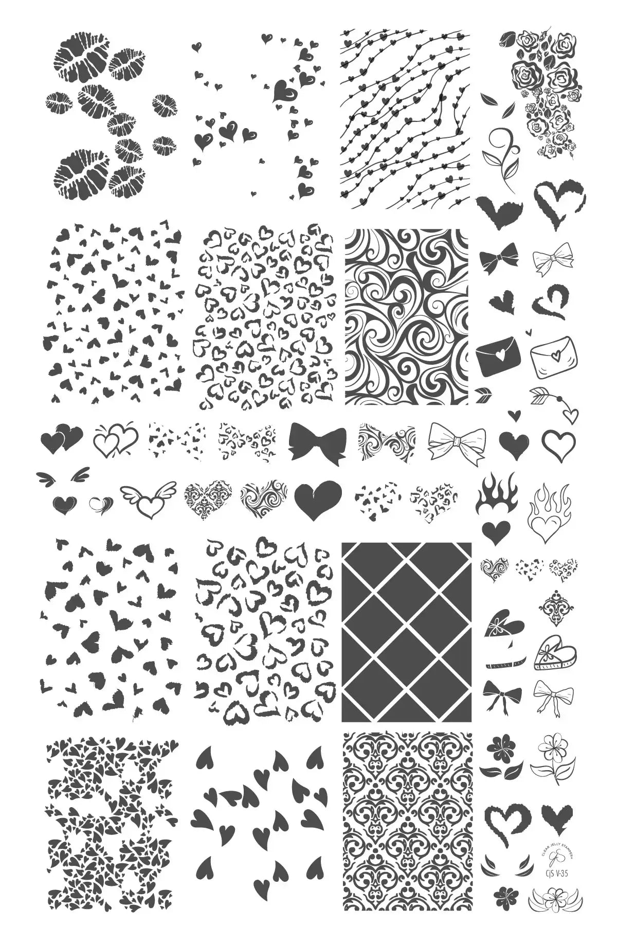 layered-nail-art-stamping-plate-with-designs-of-heart-animal-print-swirls-bows-winged-hearts-flowers-and-lipstick-marks