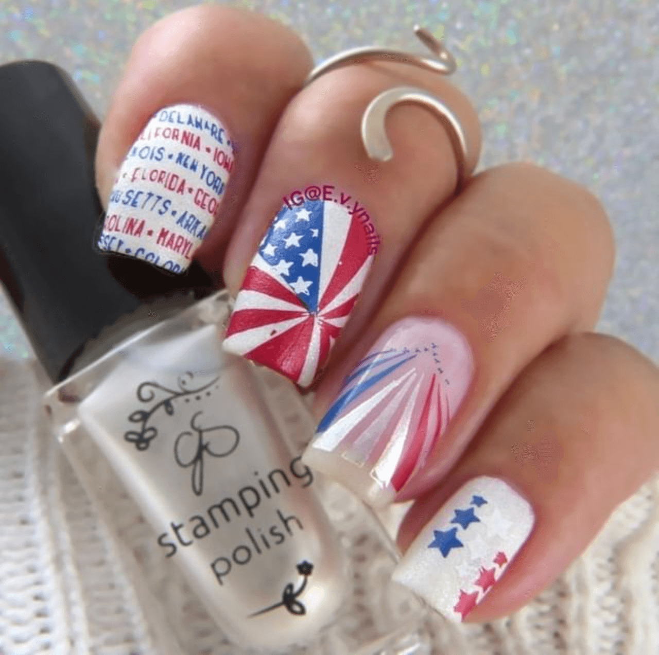 Manicure-showing-nail-art-designs-of-stars-and-stripes-words-of-us-states