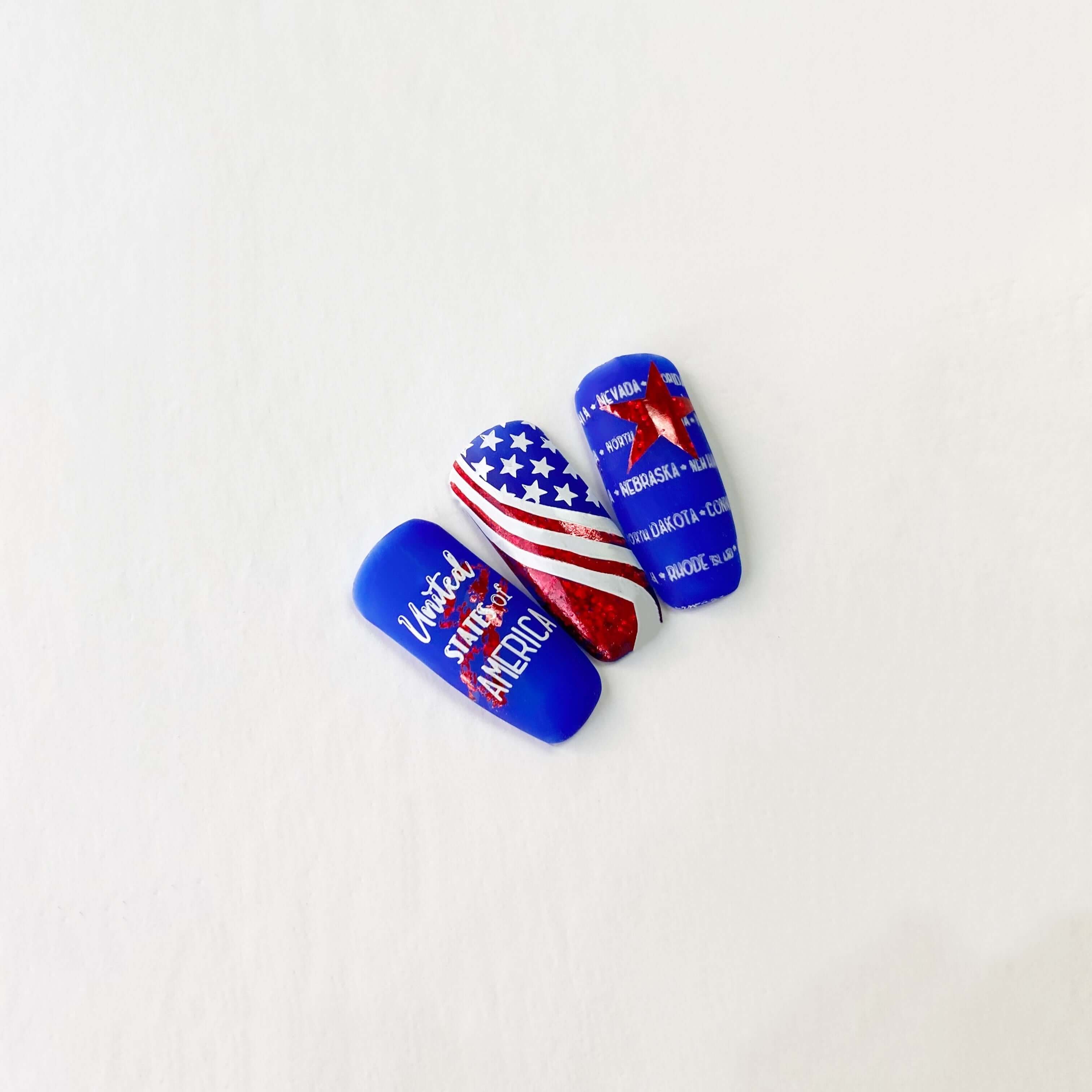 Bright-manicure-in-red-white-and-blue-showing-the-stars-and-stripes-flag-and-words-united-states-of-america