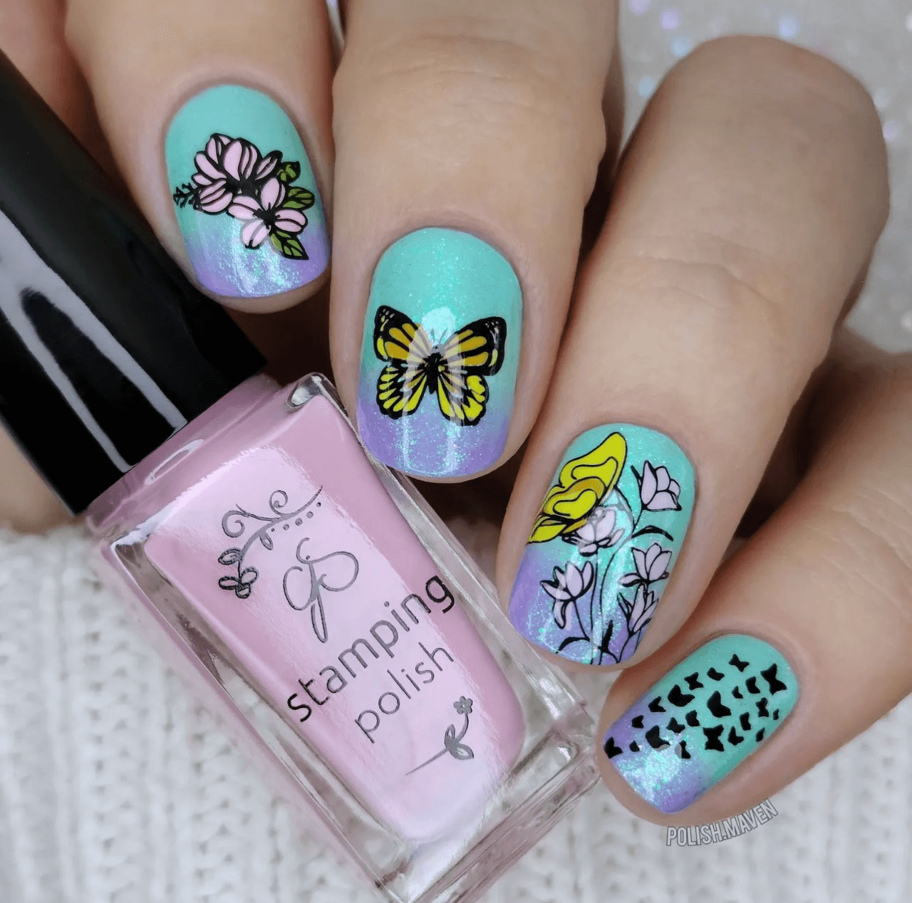 stunning-ombre-manicure-with-nail-art-stamping-designs-of-a-butterflies-and-flowers