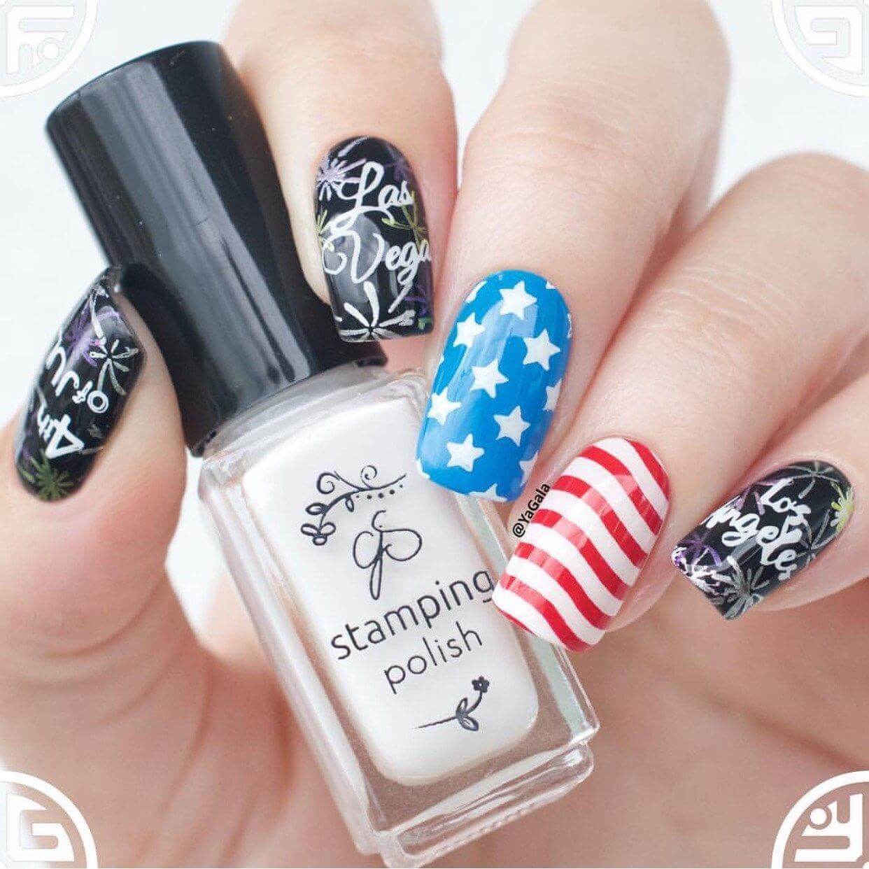 bright-manicure-showing-nail-art-designs-of-stars-and-stripes-with-the-words-las-vegas-and-fireworks-with-a-bottle-stamping-polish