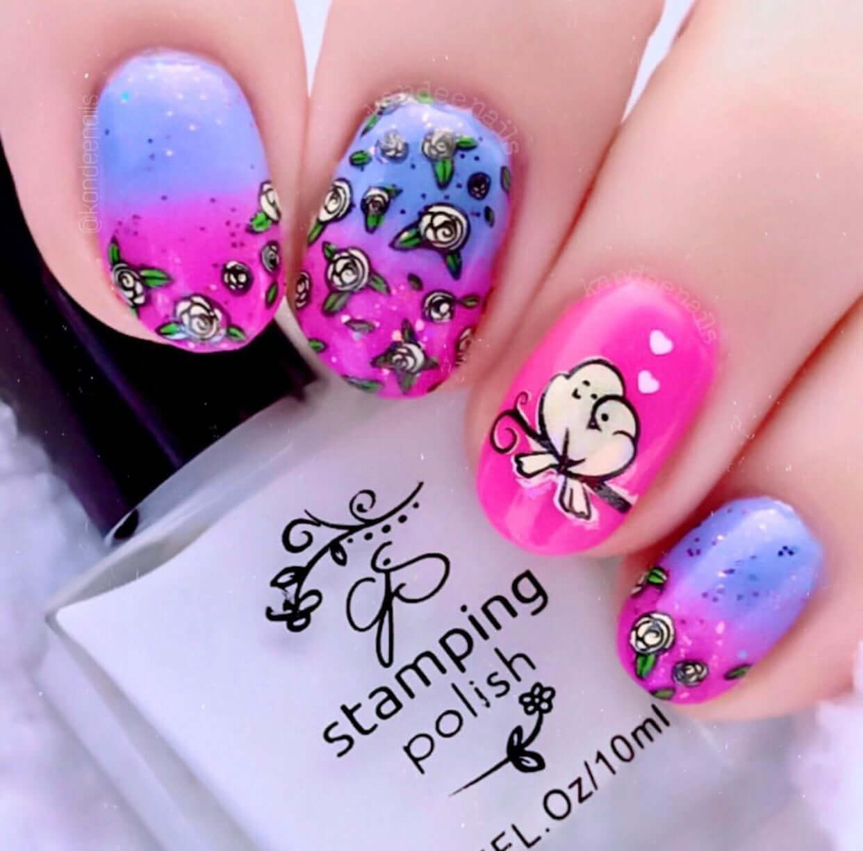 Bright-manciure-with-valentines-nail-art-of-love-birds-and-roses