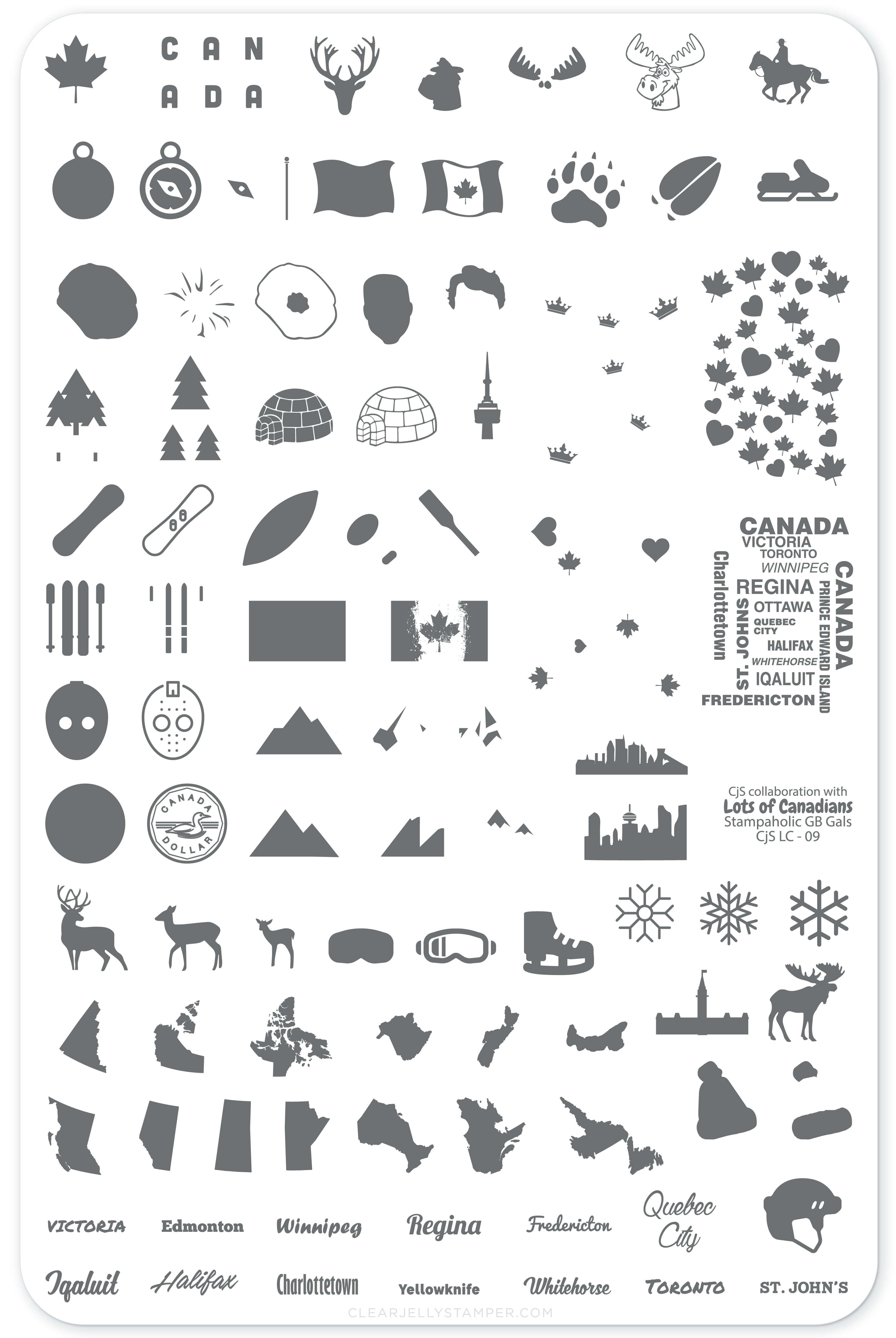 layered-nail-art-stamping-plate-inspo-card-with-designs-of-maple-leaves-mountains-canadian-provinces-and-words-for-nail-art