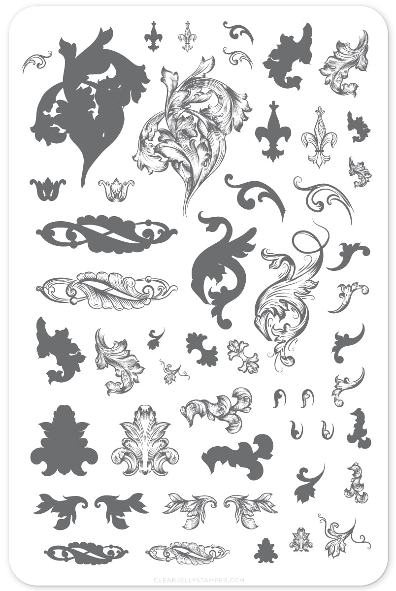 Ornamental Flourish (CjS-45) Steel Nail Art Stamping Plate 14 x 9 Clear Jelly Stamper 